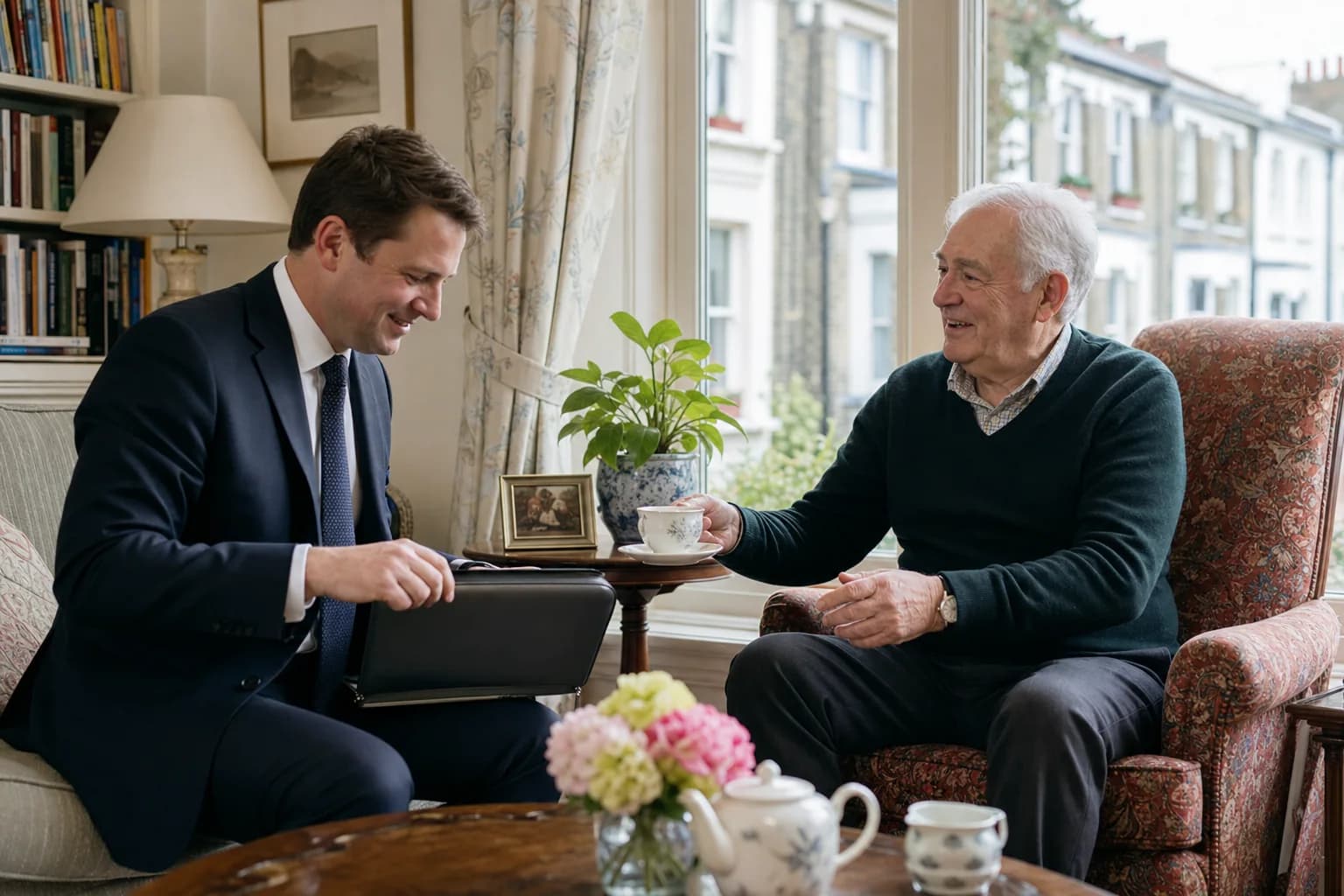 Will-writing adviser visiting an older client in his London home