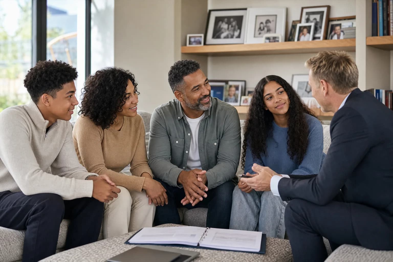 Blended London family discussing stepchildren and inheritance rights with an adviser