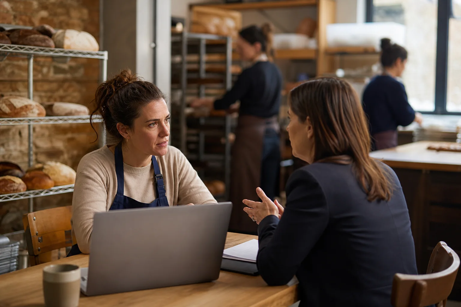 London bakery owner discussing business succession and her will with an adviser