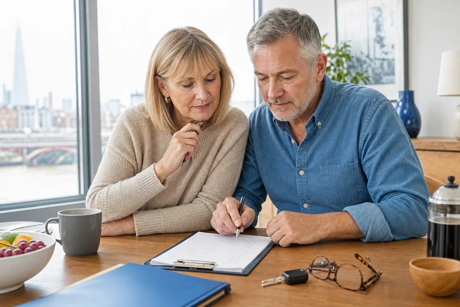 Couple over 50 completing an estate-planning checklist in their London home