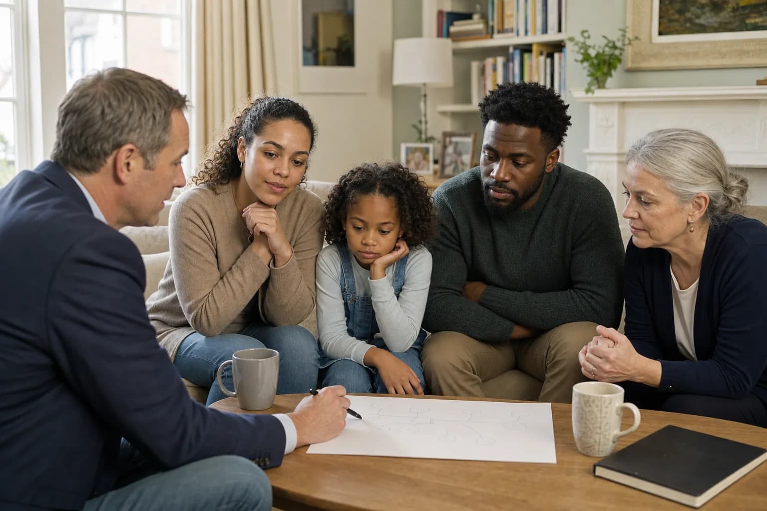 Blended London family reviewing intestacy and family-tree arrangements