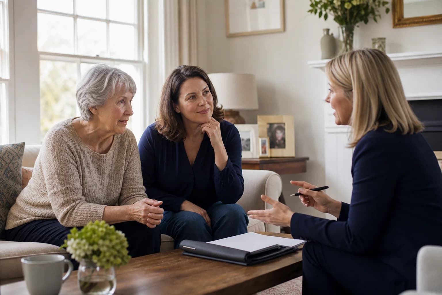 Older woman and her daughter discussing a lasting power of attorney with an adviser