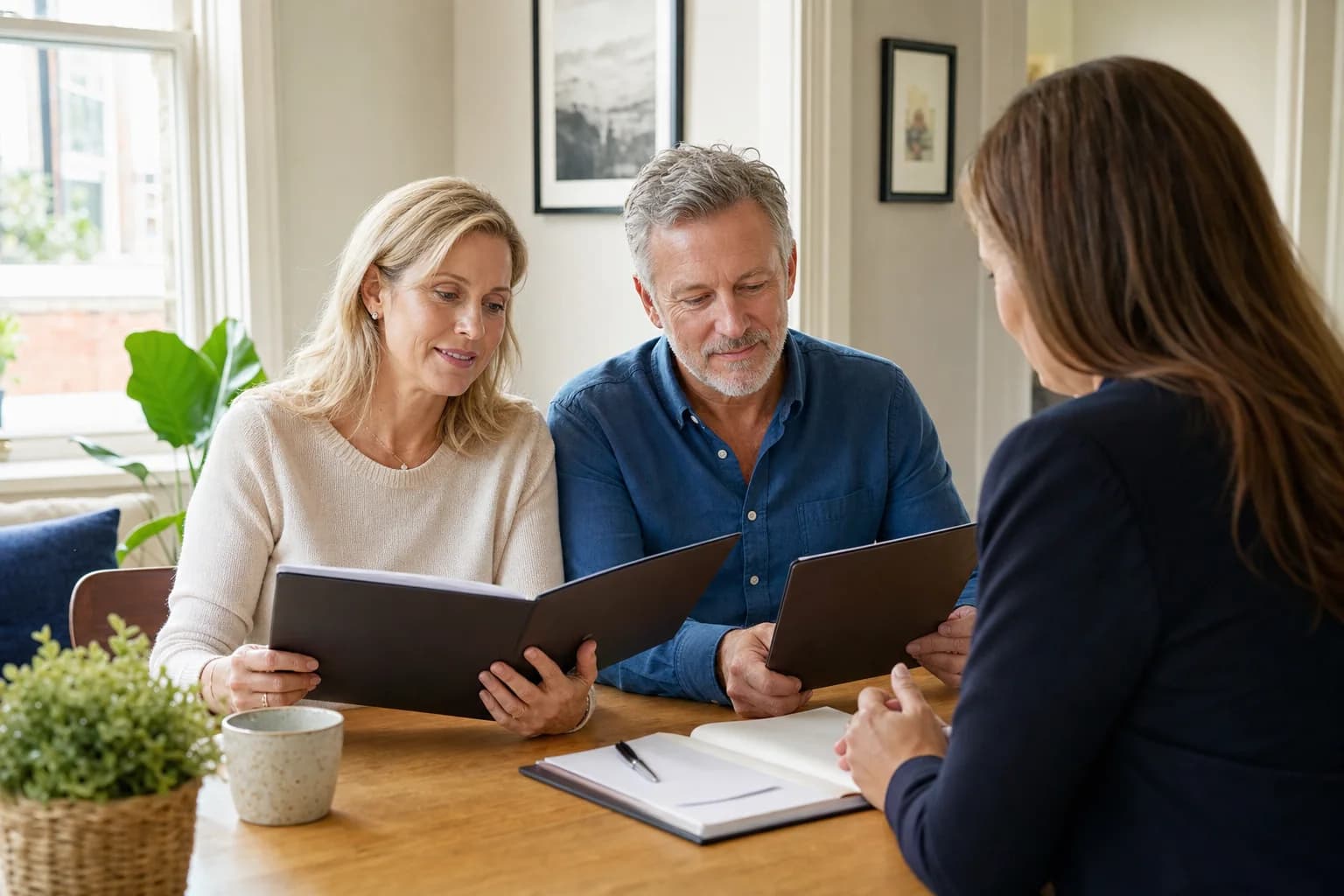 London couple comparing their separate mirror will documents with an adviser