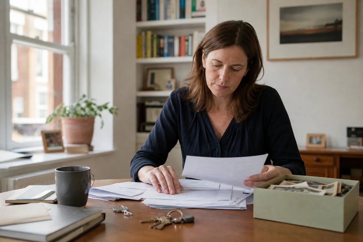 Executor organising probate documents, house keys and family records in London