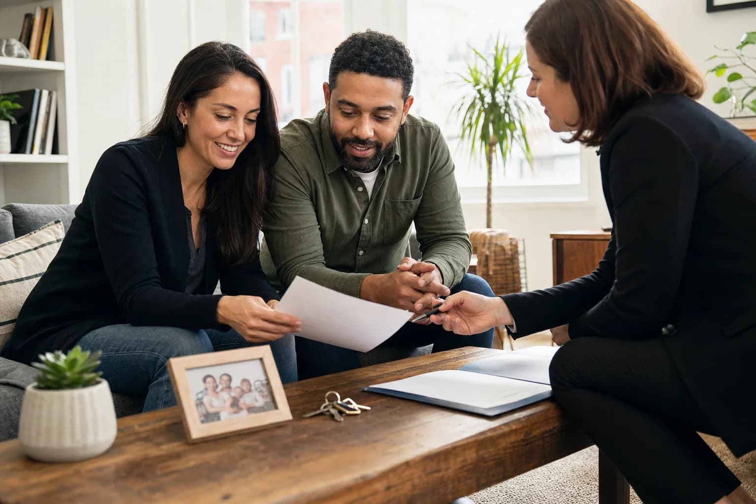 Unmarried London couple making wills with a professional adviser at home