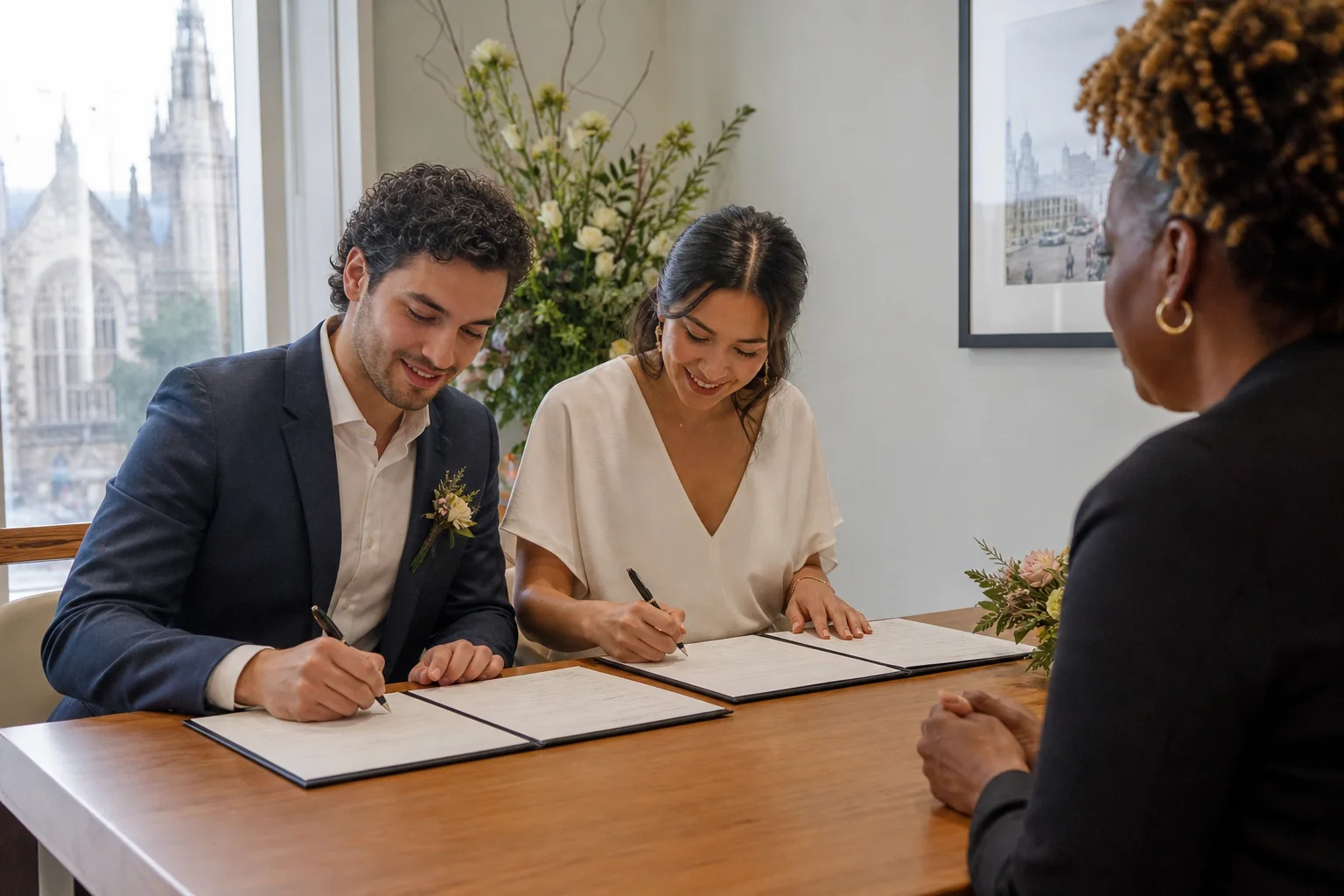 London couple signing separate mirror will documents with an independent witness