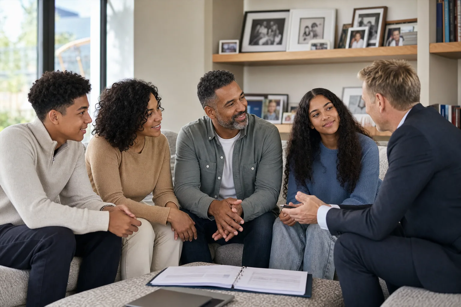 Blended London family discussing stepchildren and inheritance rights with an adviser