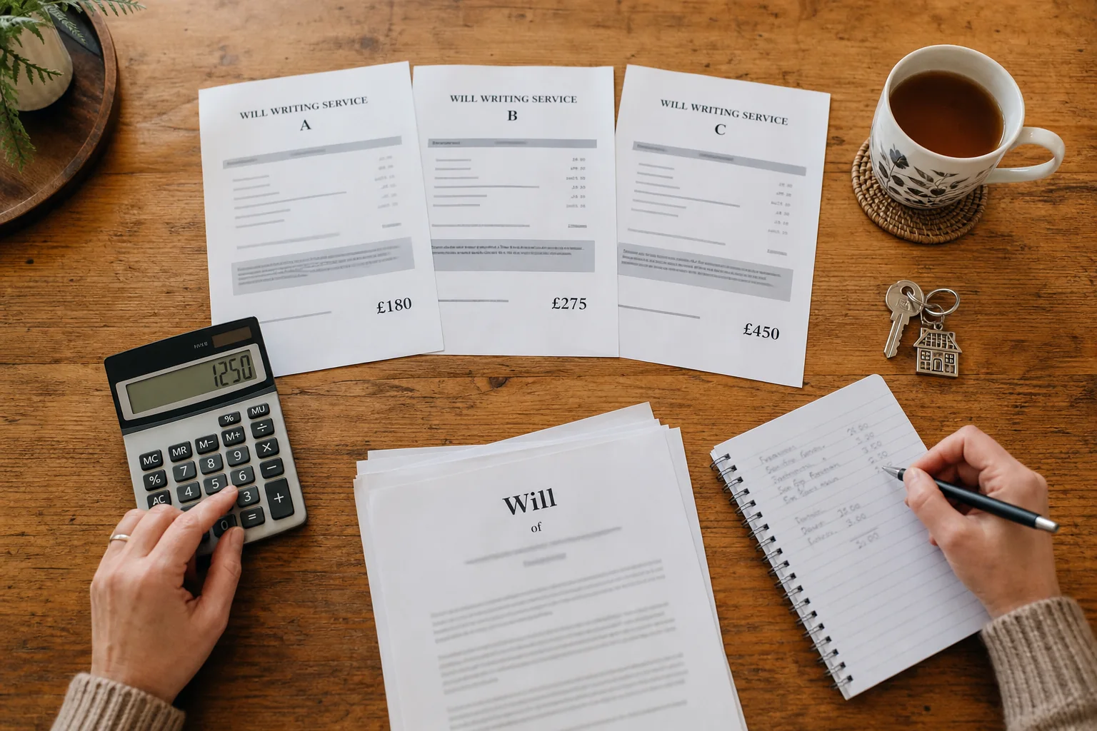Household comparing will-writing costs and fixed-fee estimates in London