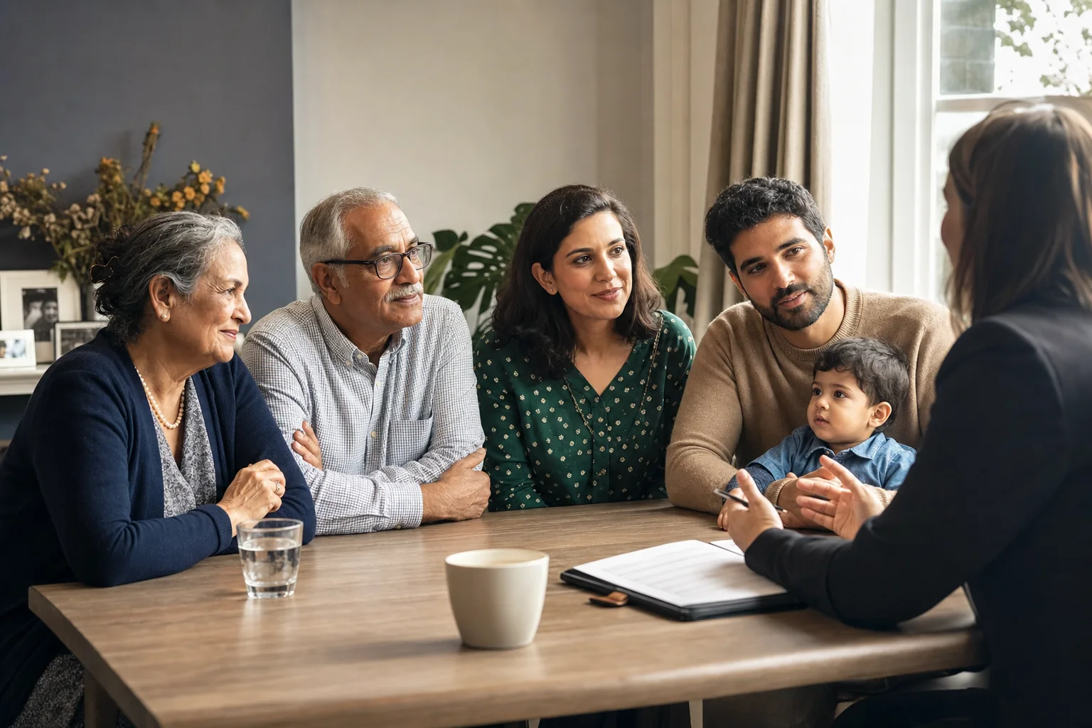 Multigenerational London family discussing their wills with a professional adviser